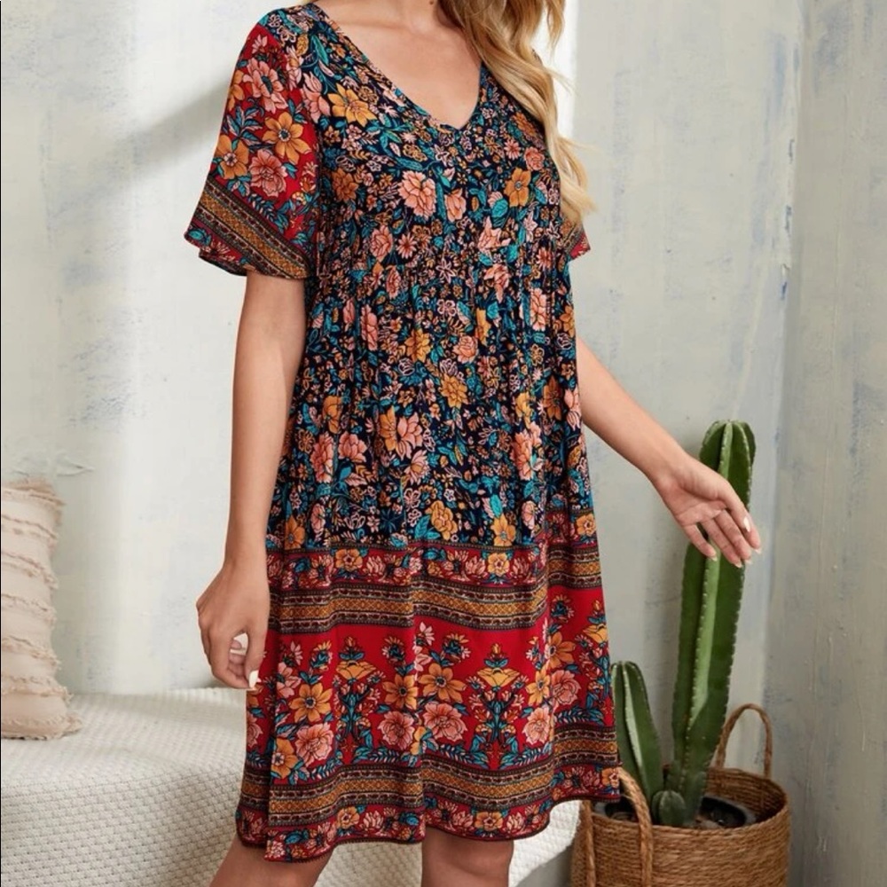 Boho floral print V neck mini dress - Picture 5 of 5